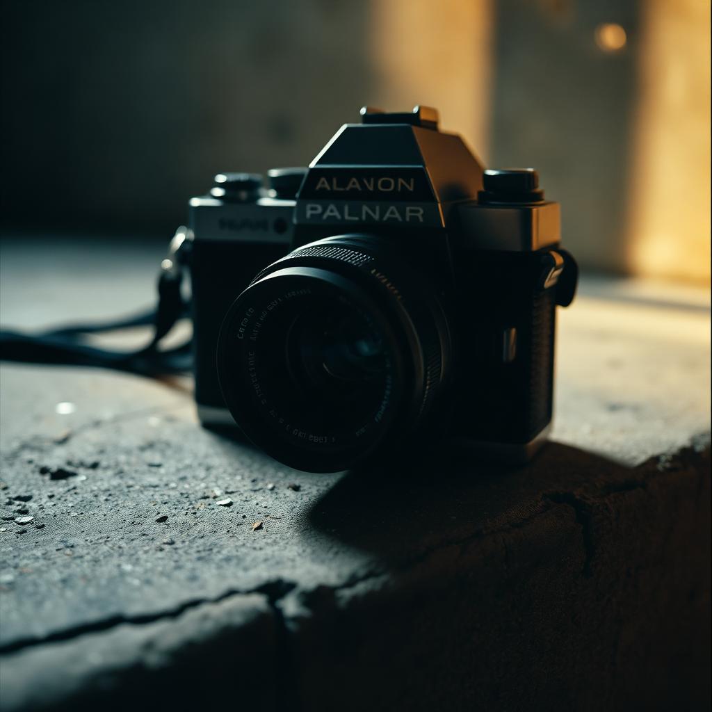 Close up of a vintage analog camera on weathered concrete, dramatic side lightin