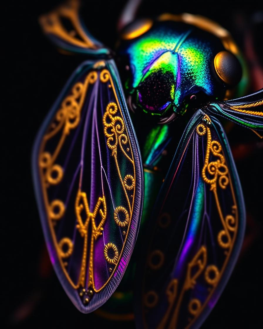 Macro shot of iridescent beetle wings with intricate gold filigree details, jewe