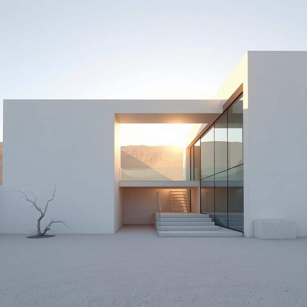Architectural concept of a desert villa made of white limestone and brutalist gl