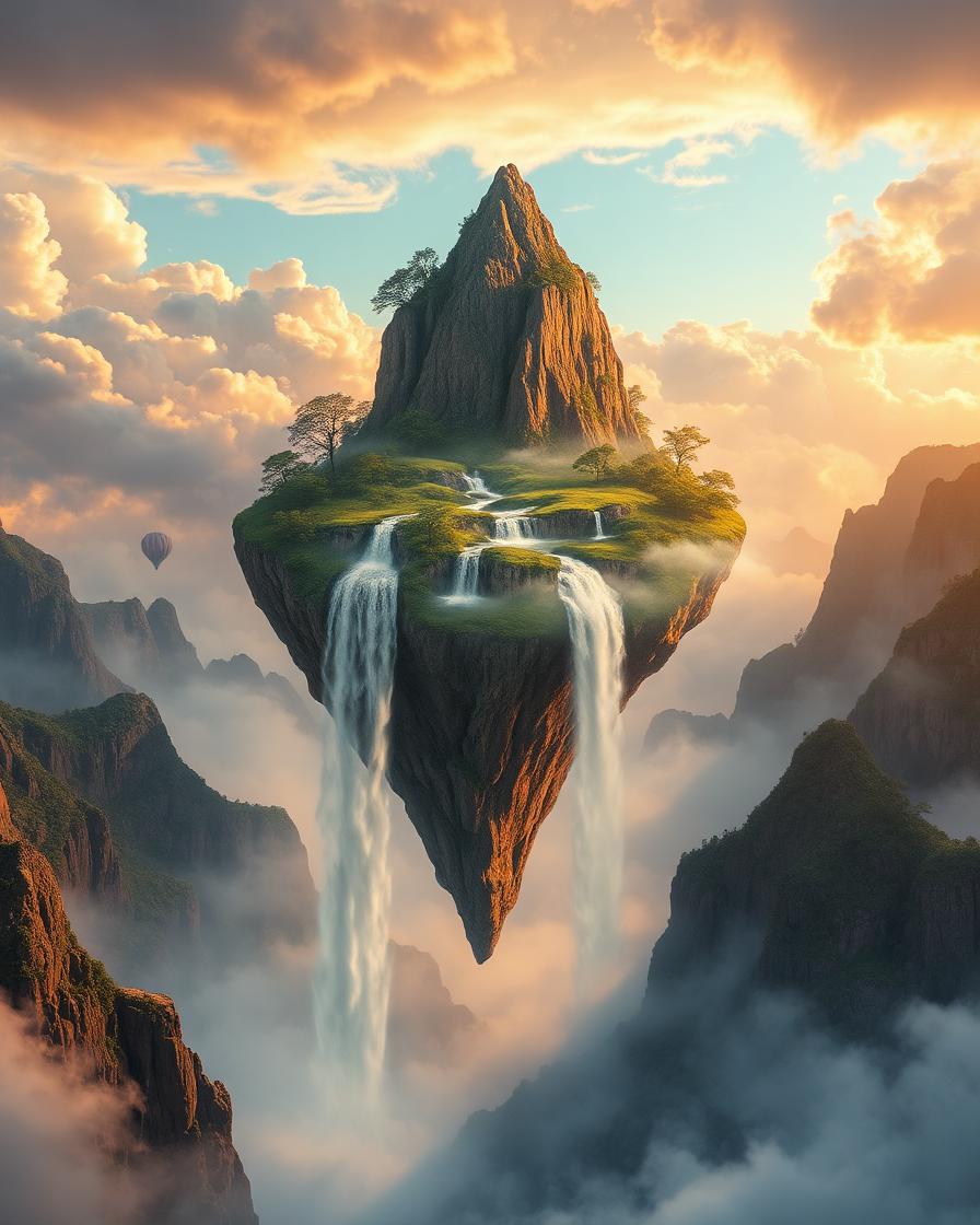 Surreal floating island with waterfalls cascading into clouds, fantasy landscape