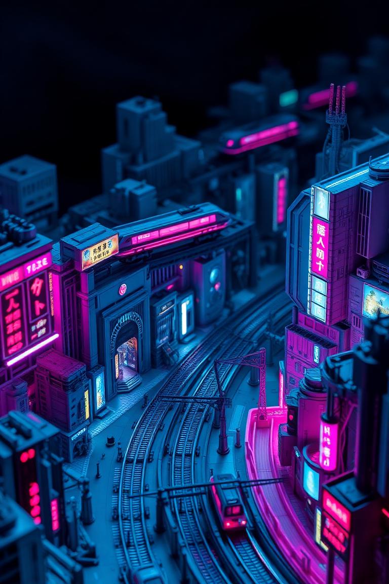 Isometric view of a futuristic Tokyo miniature city with floating trains, neon g